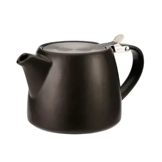 Black modern ceramic teapot on wooden table