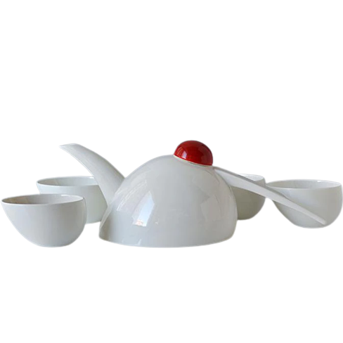 Modern porcelain teapot 1L and four matching cups, Scandinavian minimalist style
