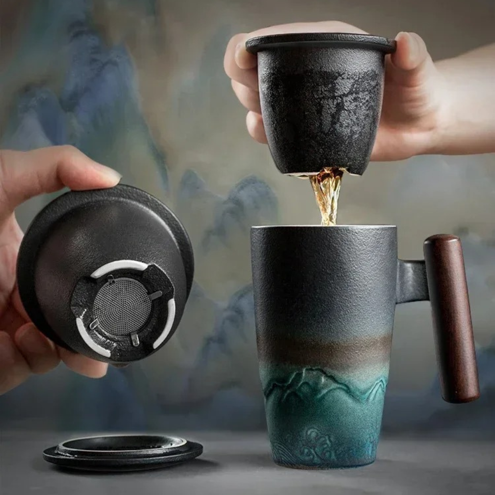 Ceramic teapot with wooden-style handle, infuser, and lid for single-serve loose-leaf brewing