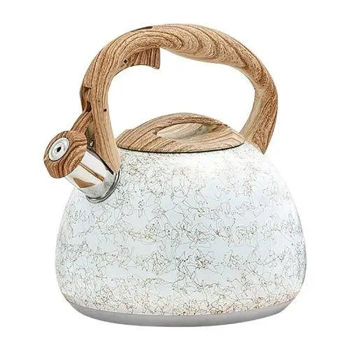 Cream enamel whistling teapot front view