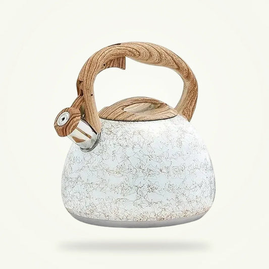 Modern Whistling Teapot with Vintage Cream Enamel Finish, product photo on a plain background