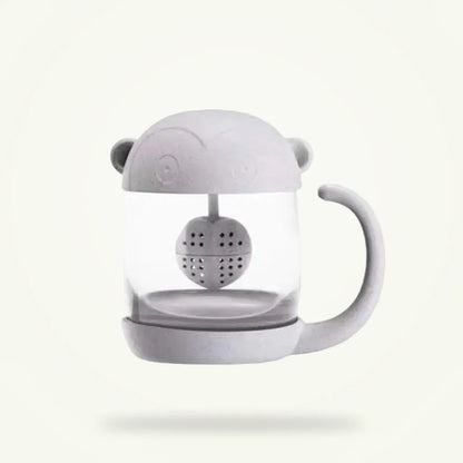 Monkey Glass Tea Cup with Infuser, 8.5 oz Clear Glass Mug, product photo on a plain background
