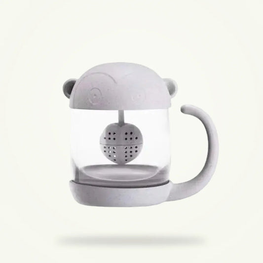 Monkey Glass Tea Cup with Infuser, 8.5 oz Clear Glass Mug, product photo on a plain background