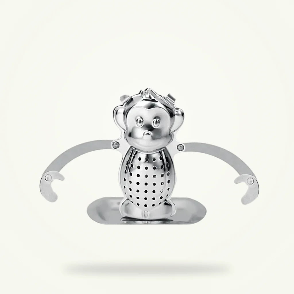 Monkey Tea Infuser Stainless Steel Loose Leaf Tea Strainer with Drip Tray, product photo on a plain background