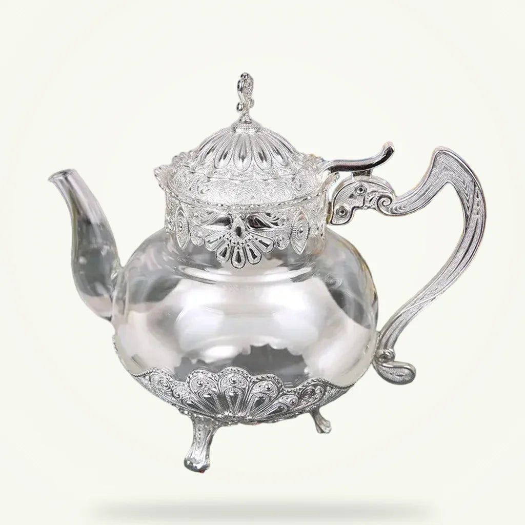 Moroccan Glass Teapot - Handcrafted Silver or Gold, product photo on a plain background