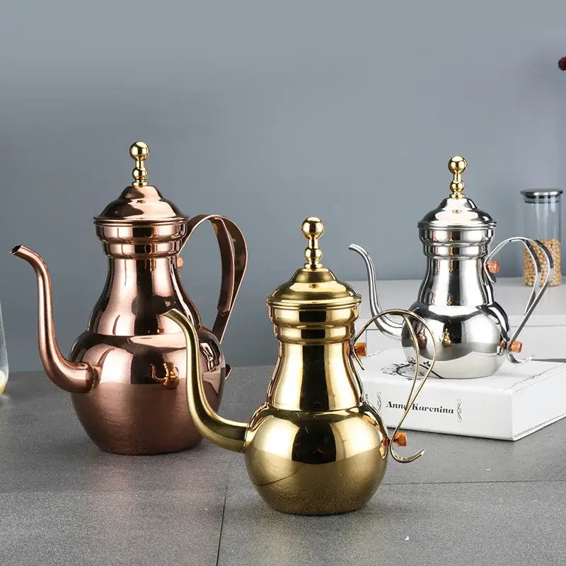 Moroccan stainless steel teapot 1L showing full body and curved spout