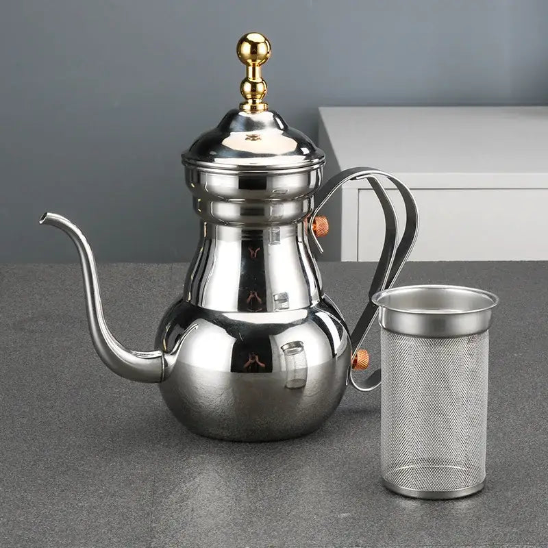 Moroccan stainless steel teapot 1L with lid detail and metallic finish