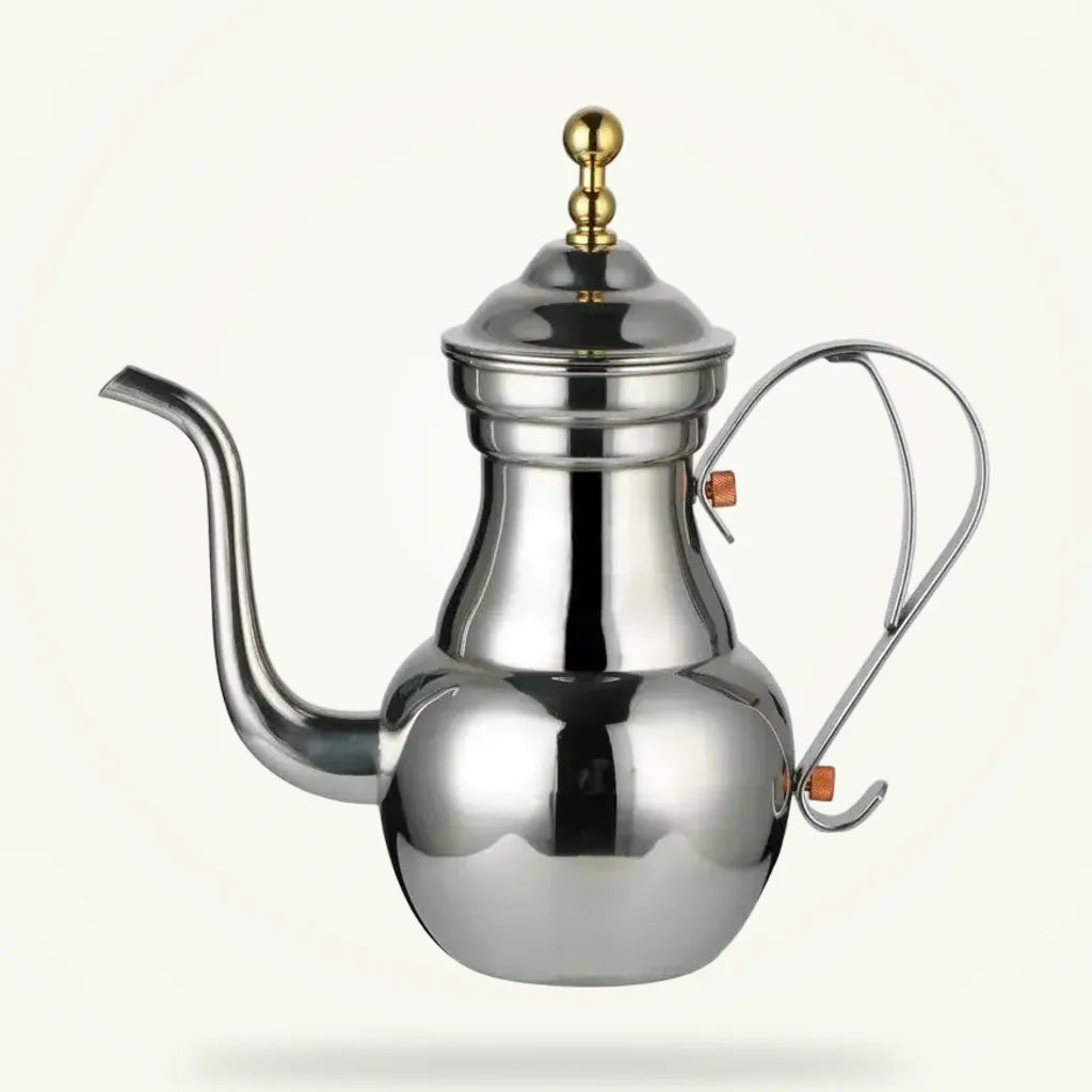 Moroccan stainless steel teapot 1L in Rose, Gold and Silver finishes on plain background