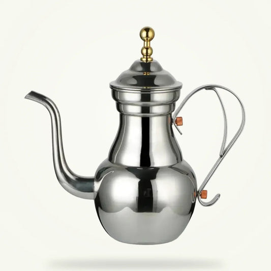 Moroccan stainless steel teapot 1L in Rose, Gold and Silver finishes on plain background