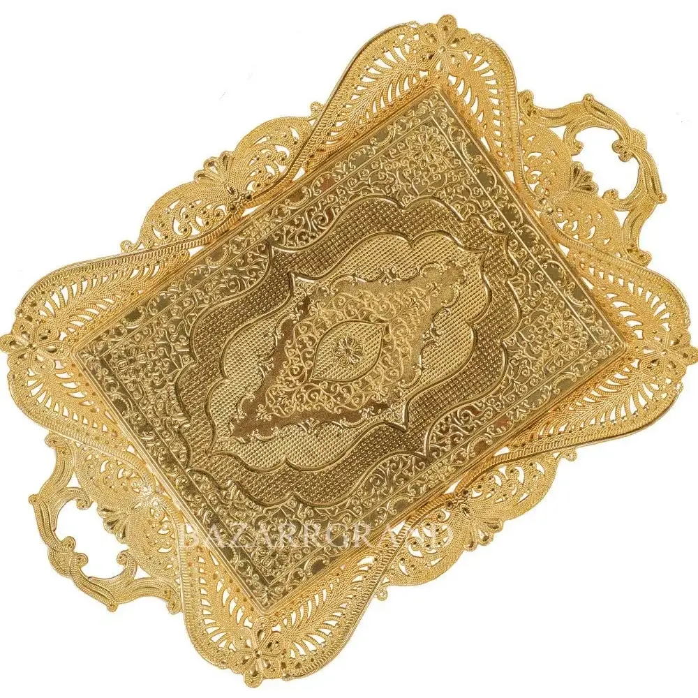 Moroccan tea tray with gold details and handles