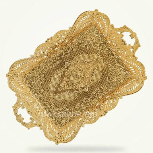 Moroccan Tea Tray with Handles - 16.2x11.8 Inch Serving Platter, product photo on a plain background