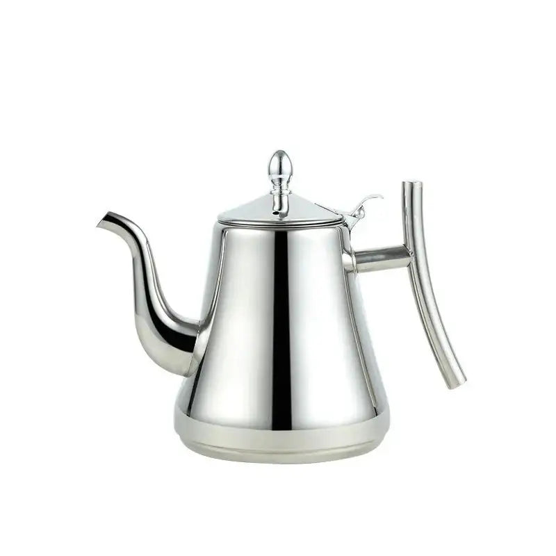 Silver stainless steel Moroccan teapot 1.5 liter, side view showing curved spout