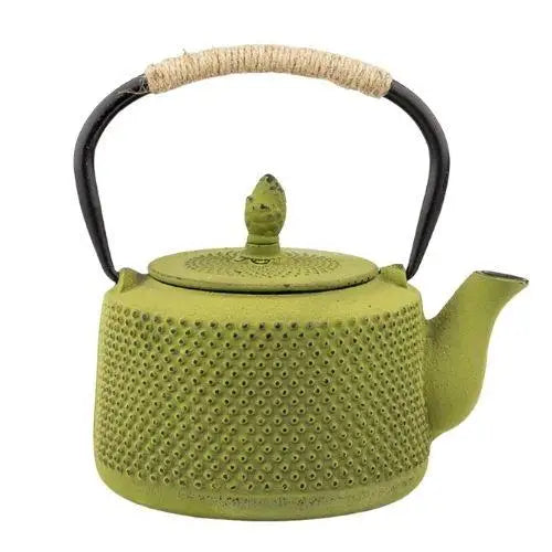 Moss green cast iron teapot with traditional raised pattern, full view