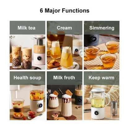 Multifunction tea maker 500ml in soup mode, warm broth visible through borosilicate glass