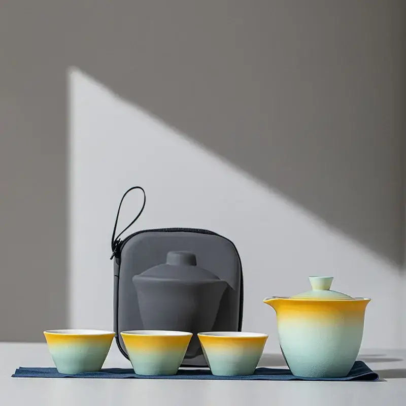 Multicolor gradient porcelain travel teapot set with two cups