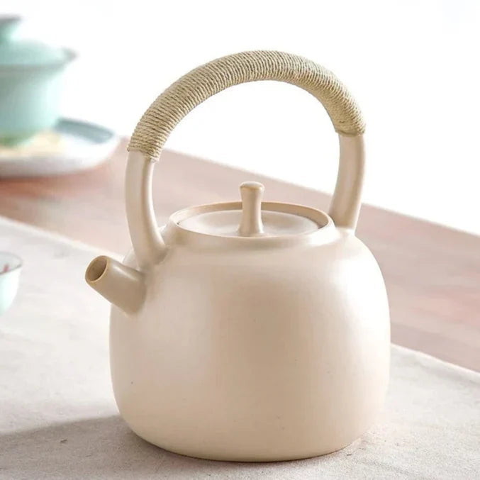Close-up of ceramic teapot lid and curved handle detail