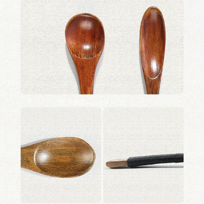 Set of olive wood tea spoons in different shapes