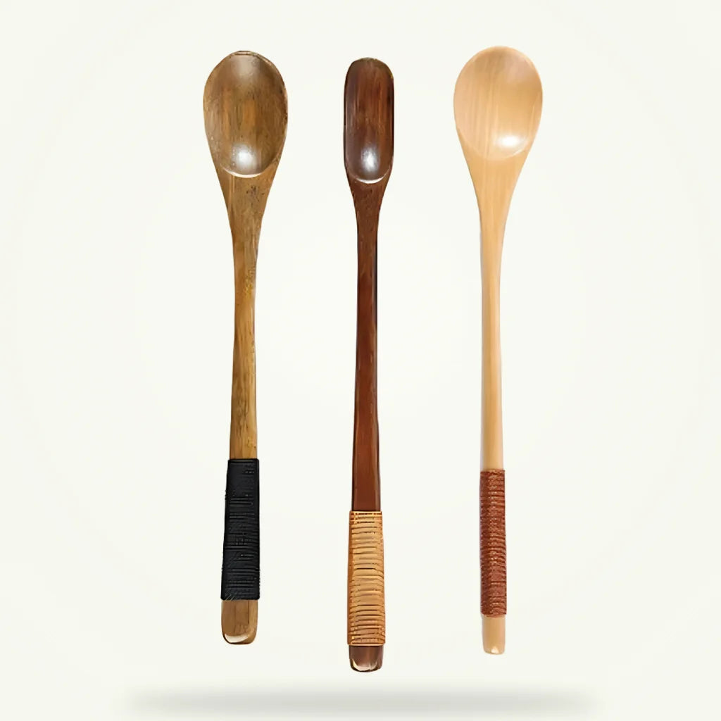 Olive Wood Tea Spoon Set, Handcrafted Natural Wood Spoons, product photo on a plain background