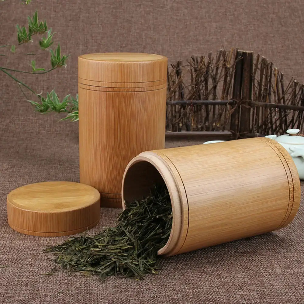 Bamboo airtight tea canister for loose leaf storage, warm natural grain finish
