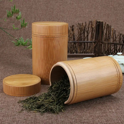 Bamboo airtight tea canister for loose leaf storage, warm natural grain finish