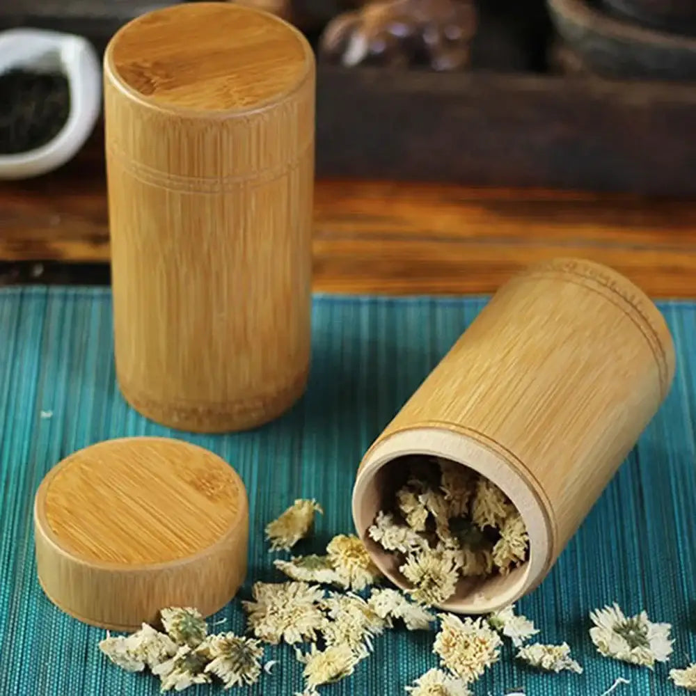 Close-up of organic bamboo canister texture and grain, natural finish detail
