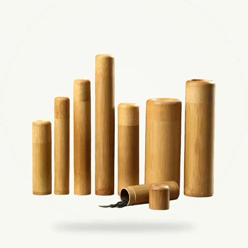 Organic bamboo tea canister with airtight lid, full product view on neutral background