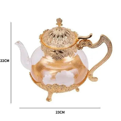 Oriental glass teapot showing size and capacity