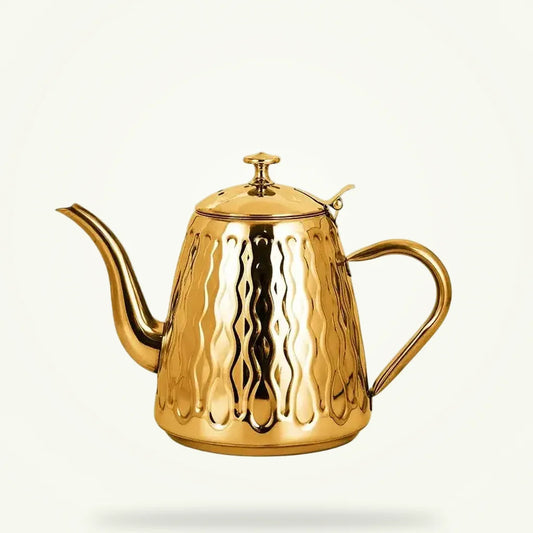 Oriental induction teapot 1.8L stainless steel, Gold finish, front view on white background