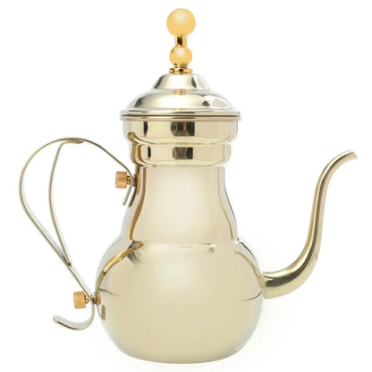 Gold Oriental stainless steel teapot with ornate Eastern-style body and decorative handle