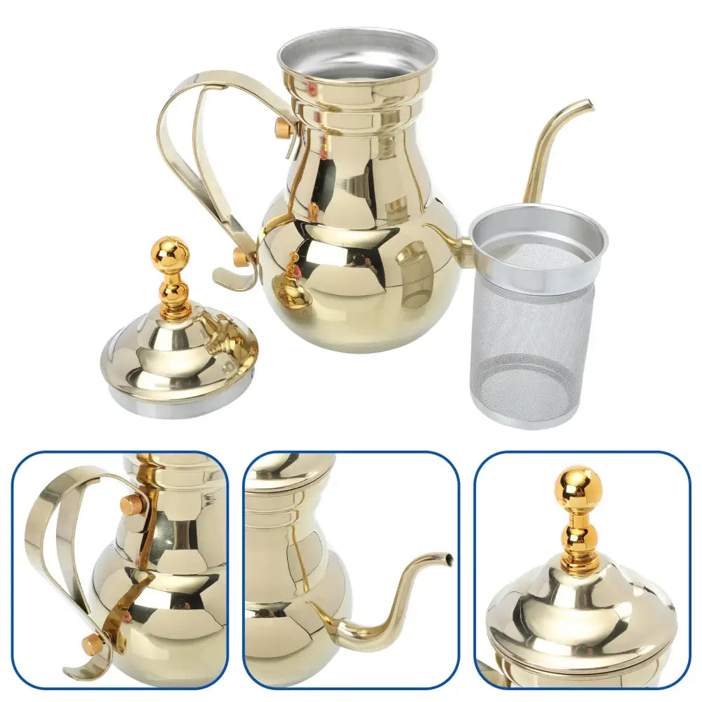 Close-up of Gold Oriental stainless steel teapot spout and cool-touch lid
