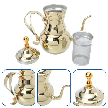 Close-up of Gold Oriental stainless steel teapot spout and cool-touch lid