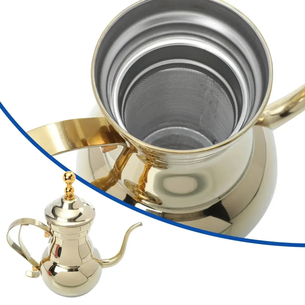 Oriental stainless steel teapot with filled tea cup on a wooden tea tray