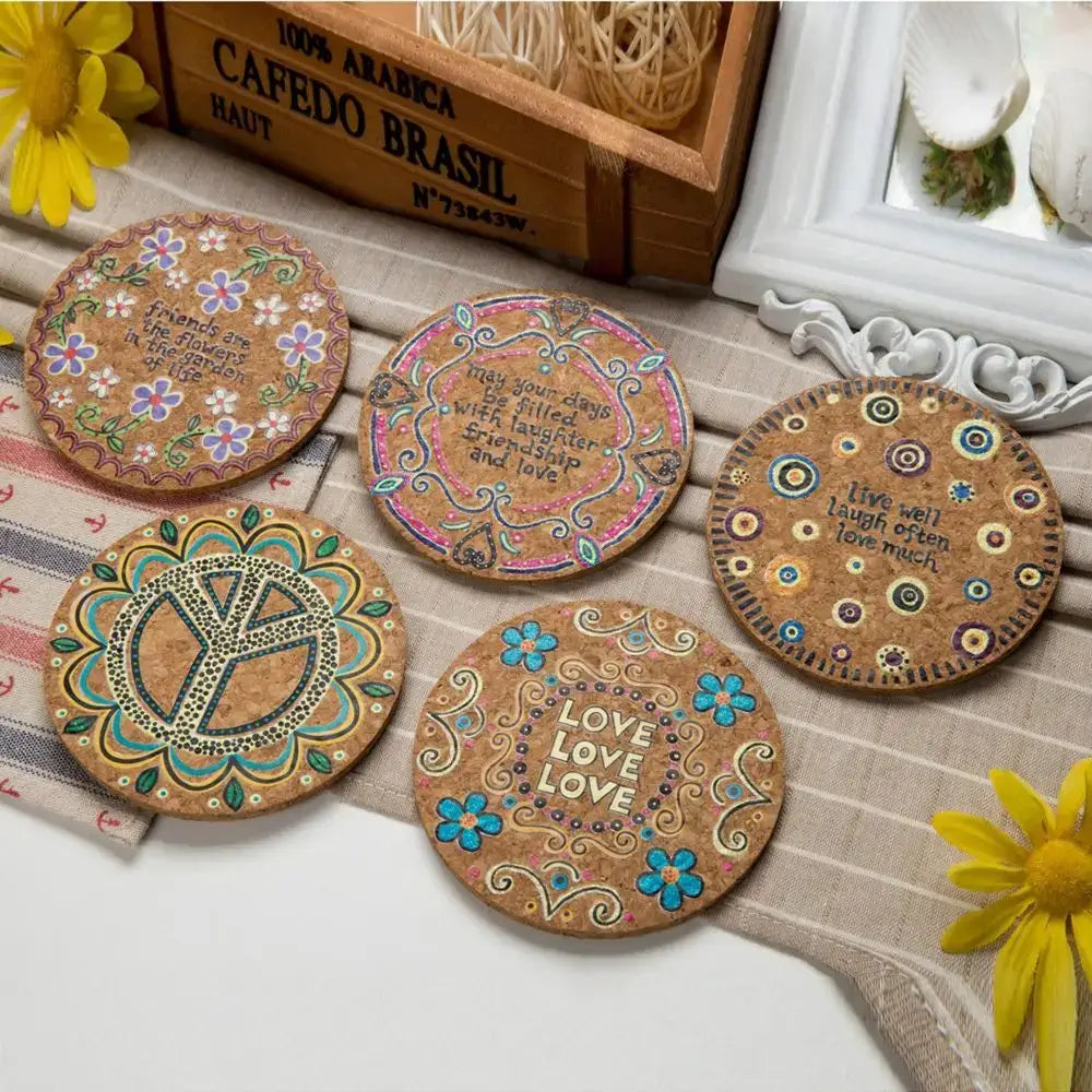 Cork coasters under a steaming mug on wooden table