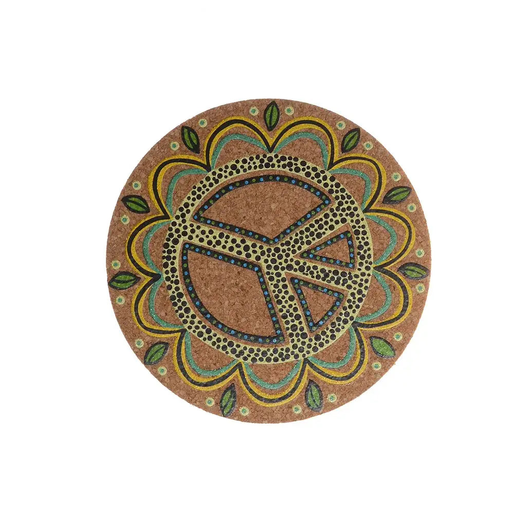 Cork coasters with tea pot and cup on tray