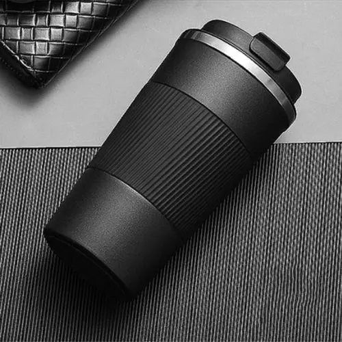 Black insulated tea thermos 380ml, double-wall vacuum stainless steel