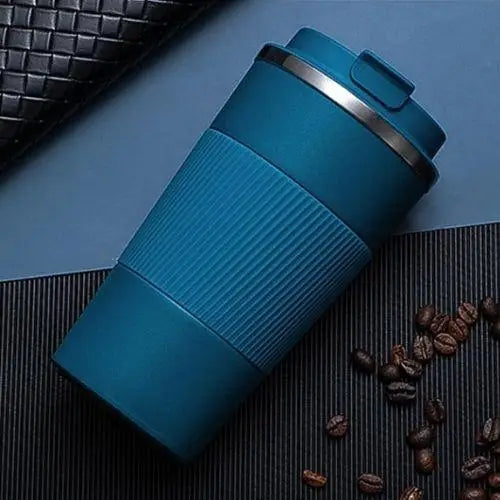 Blue insulated coffee and tea bottle 380ml, compact size for bag carry