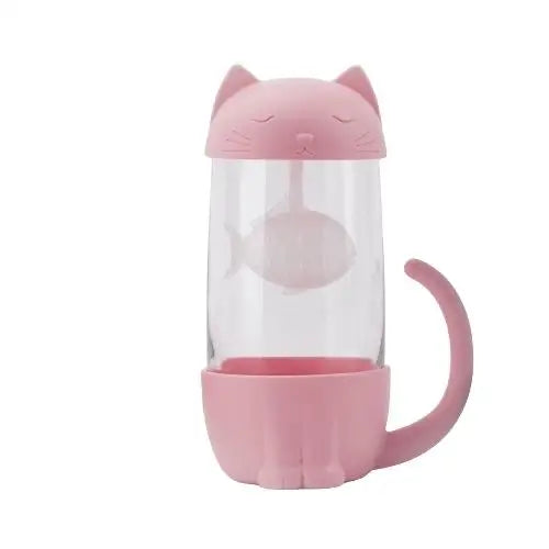 Pink cat glass tea cup with fish infuser, full product view