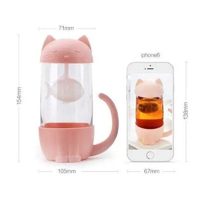 Pink cat glass tea cup size reference, 300 ml capacity shown