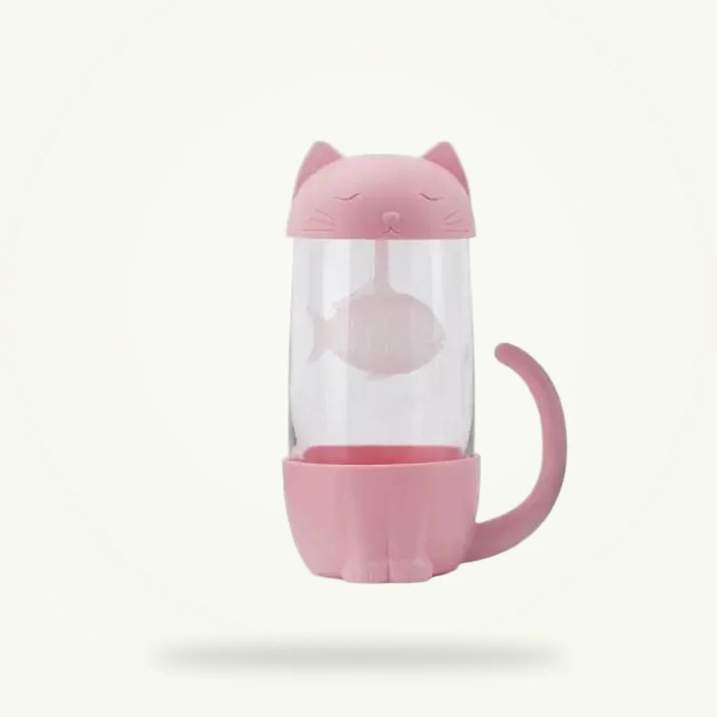 Pink Cat Glass Tea Cup with Infuser, 300 ml BPA-Free, product photo on a plain background