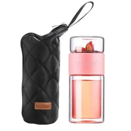 Insulated pink glass tea bottle with stainless steel infuser