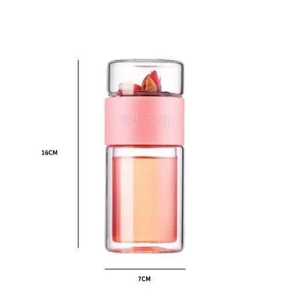 Pink tea thermos size comparison showing compact 7 oz capacity