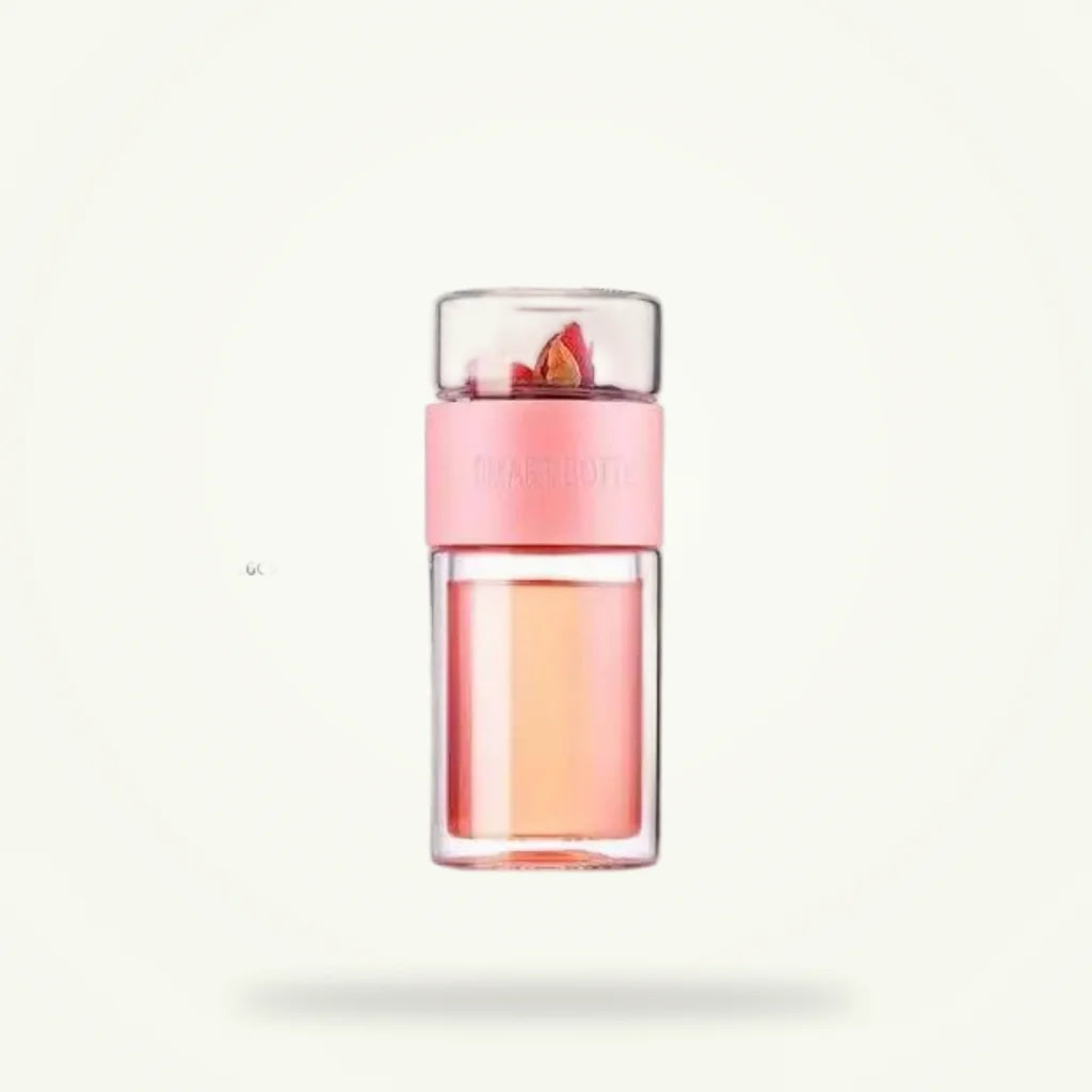 Pink Glass Tea Thermos Bottle with Infuser, 7 oz Insulated, product photo on a plain background