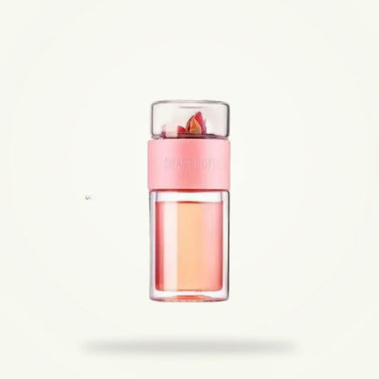 Pink Glass Tea Thermos Bottle with Infuser, 7 oz Insulated, product photo on a plain background