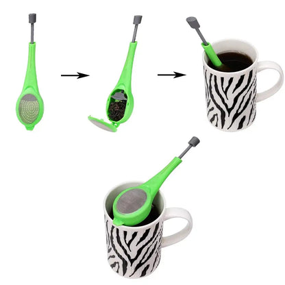 Close-up of plastic tea infuser with mesh filter