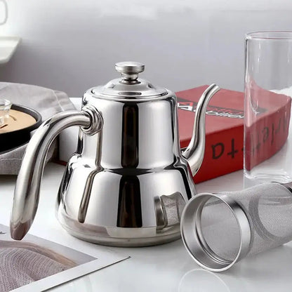 Stainless steel induction teapot with removable mesh infuser, front view