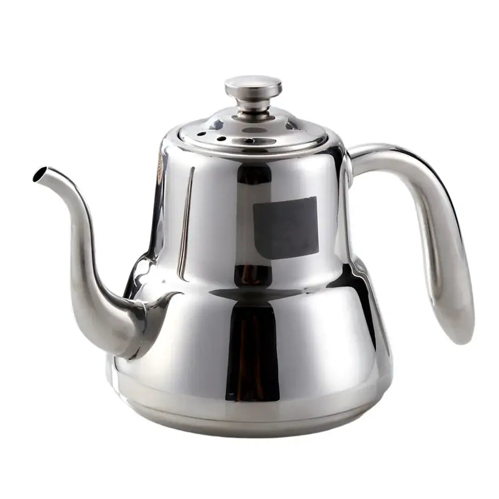 Silver stainless steel induction teapot placed on induction cooktop, ready to brew