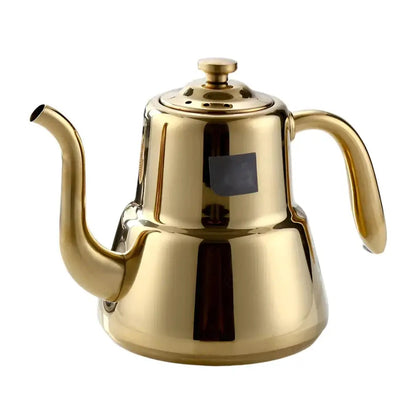 Gold stainless steel induction teapot with infuser, warm toned finish, side view