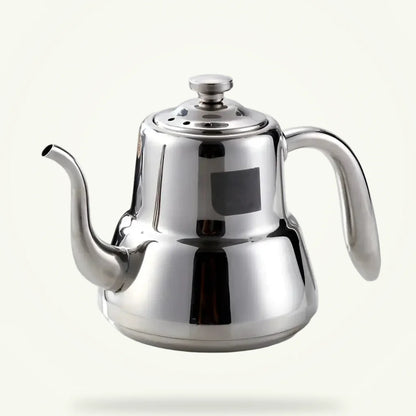 Polished stainless steel induction teapot with infuser, 1.5L, silver finish, packshot on plain background
