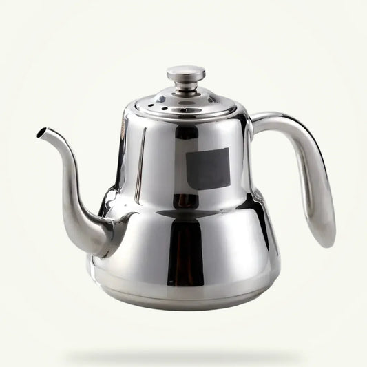 Polished stainless steel induction teapot with infuser, 1.5L, silver finish, packshot on plain background