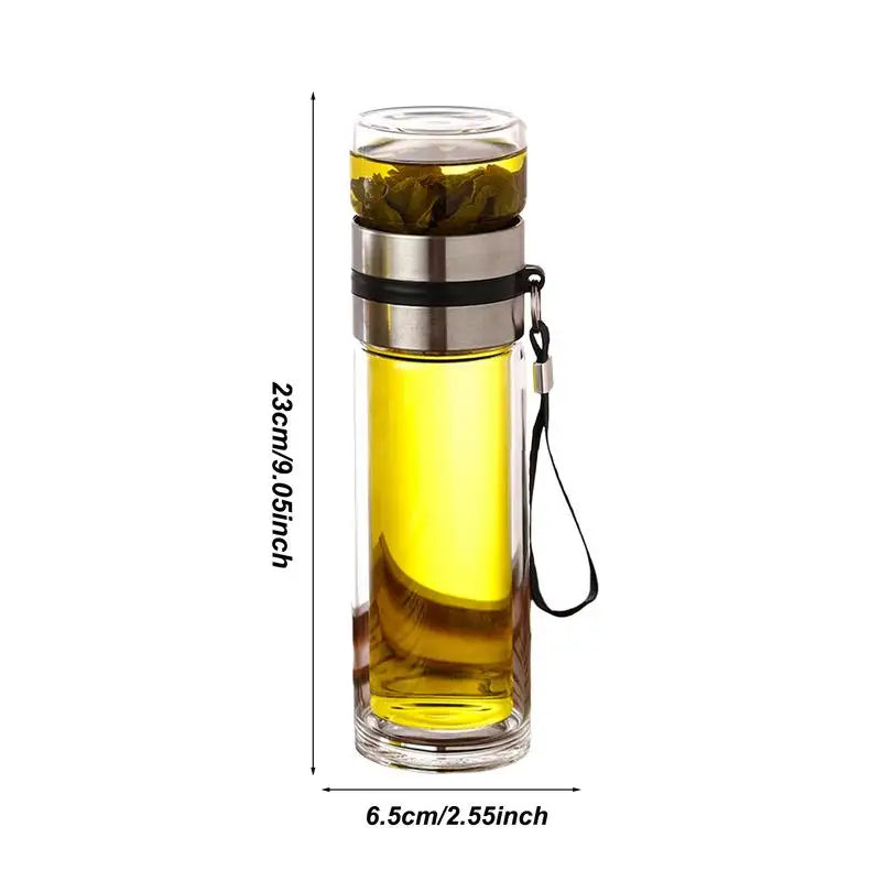 Glass tea infuser bottle disassembled showing easy-clean strainer and borosilicate body